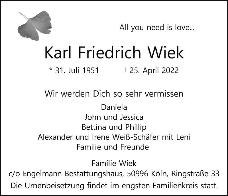  Traueranzeige für Karl Friedrich Wiek vom 30.04.2022 aus Kölner Stadt-Anzeiger / Kölnische Rundschau / Express