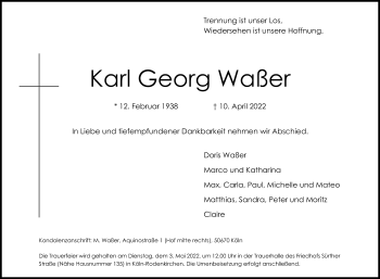 Anzeige von Karl Georg Waßer von Kölner Stadt-Anzeiger / Kölnische Rundschau / Express