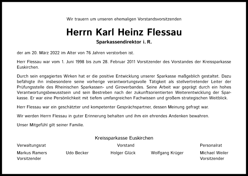  Traueranzeige für Karl Heinz Flessau vom 02.04.2022 aus Kölner Stadt-Anzeiger / Kölnische Rundschau / Express