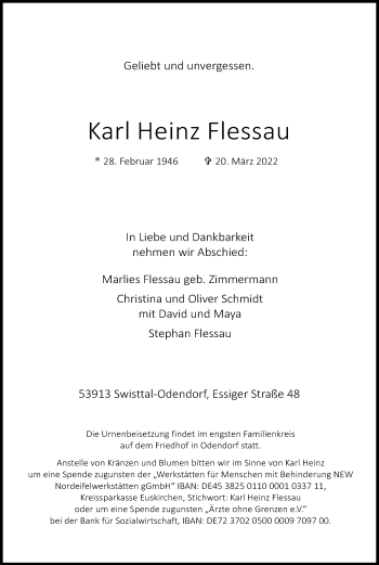 Anzeige von Karl Heinz Flessau von Kölner Stadt-Anzeiger / Kölnische Rundschau / Express