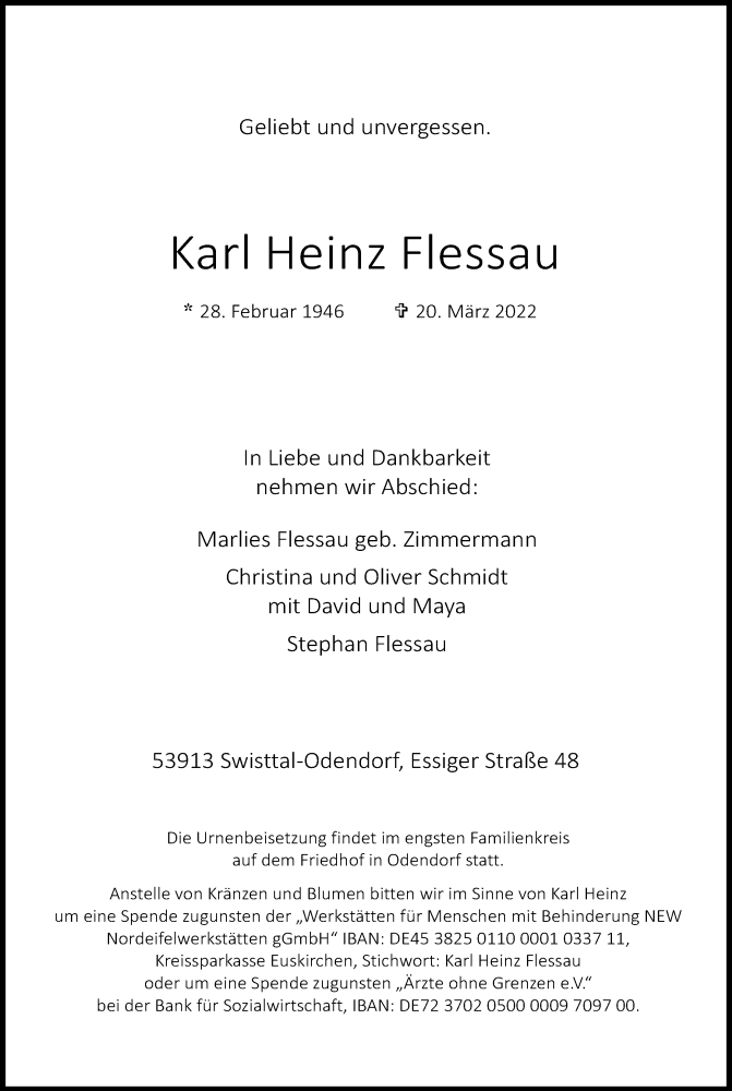  Traueranzeige für Karl Heinz Flessau vom 02.04.2022 aus Kölner Stadt-Anzeiger / Kölnische Rundschau / Express