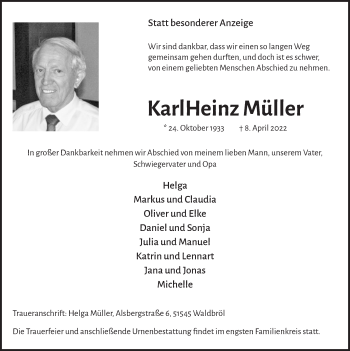 Anzeige von Karl Heinz Müller von  Lokalanzeiger 