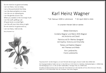Anzeige von Karl Heinz Wagner von Kölner Stadt-Anzeiger / Kölnische Rundschau / Express