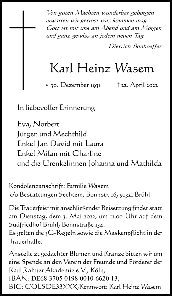  Traueranzeige für Karl Heinz Wasem vom 30.04.2022 aus Kölner Stadt-Anzeiger / Kölnische Rundschau / Express