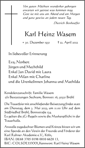 Anzeige von Karl Heinz Wasem von  Schlossbote/Werbekurier 