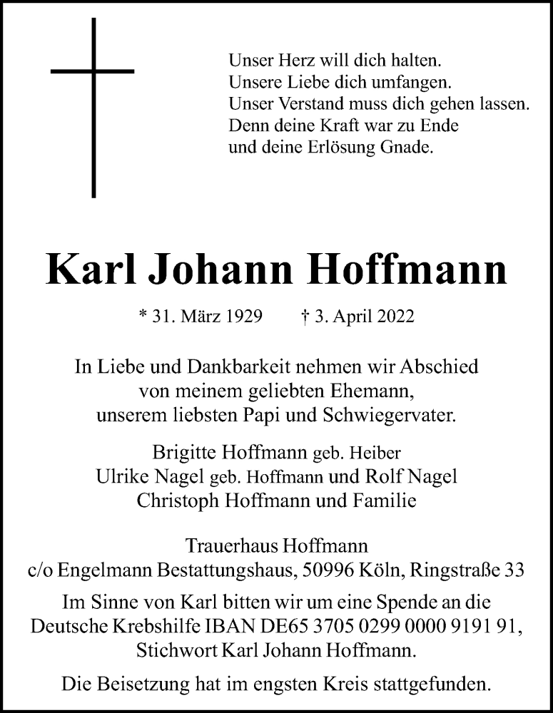  Traueranzeige für Karl Johann Hoffmann vom 16.04.2022 aus Kölner Stadt-Anzeiger / Kölnische Rundschau / Express