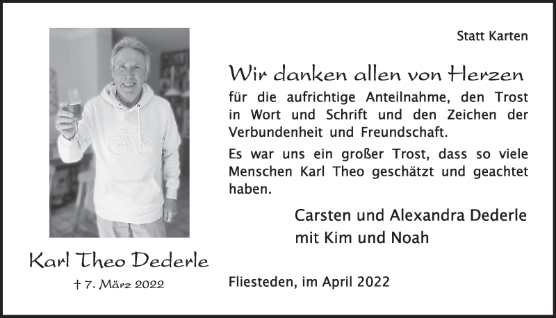  Traueranzeige für Karl Theo Dederle vom 08.04.2022 aus  Werbepost 