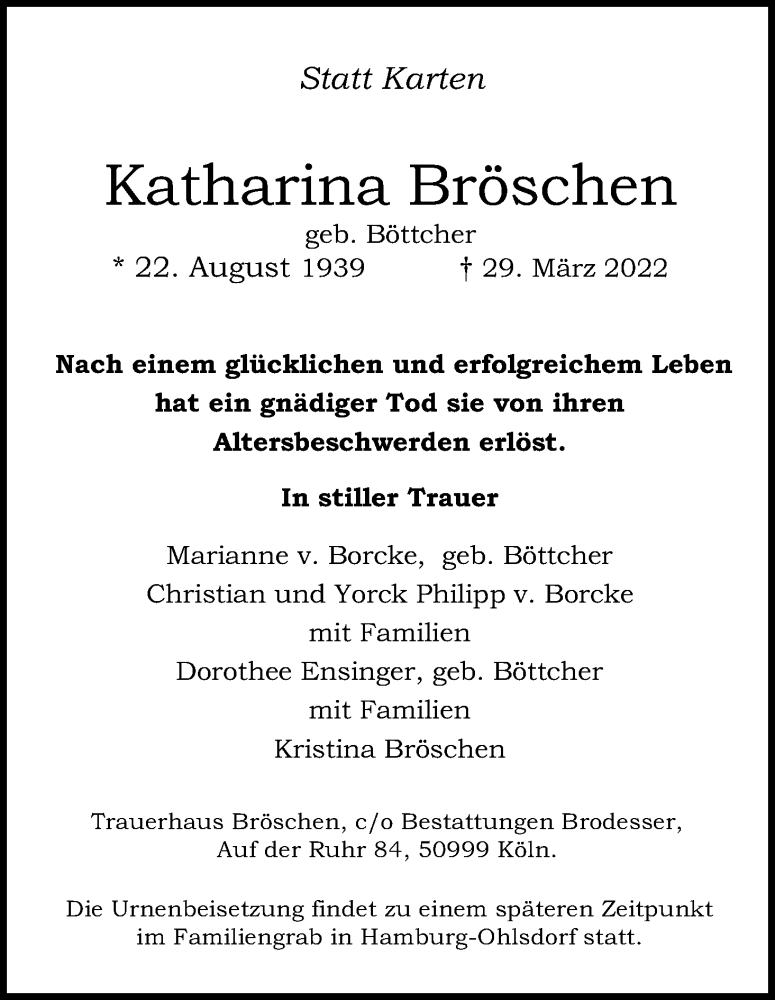  Traueranzeige für Katharina Bröschen vom 09.04.2022 aus Kölner Stadt-Anzeiger / Kölnische Rundschau / Express