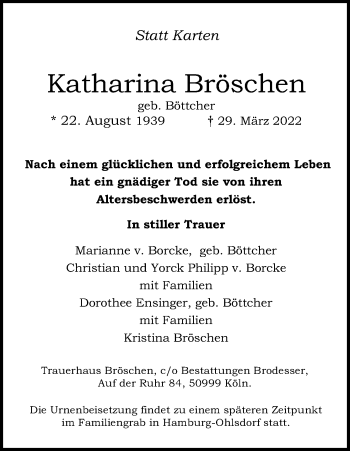 Anzeige von Katharina Bröschen von Kölner Stadt-Anzeiger / Kölnische Rundschau / Express