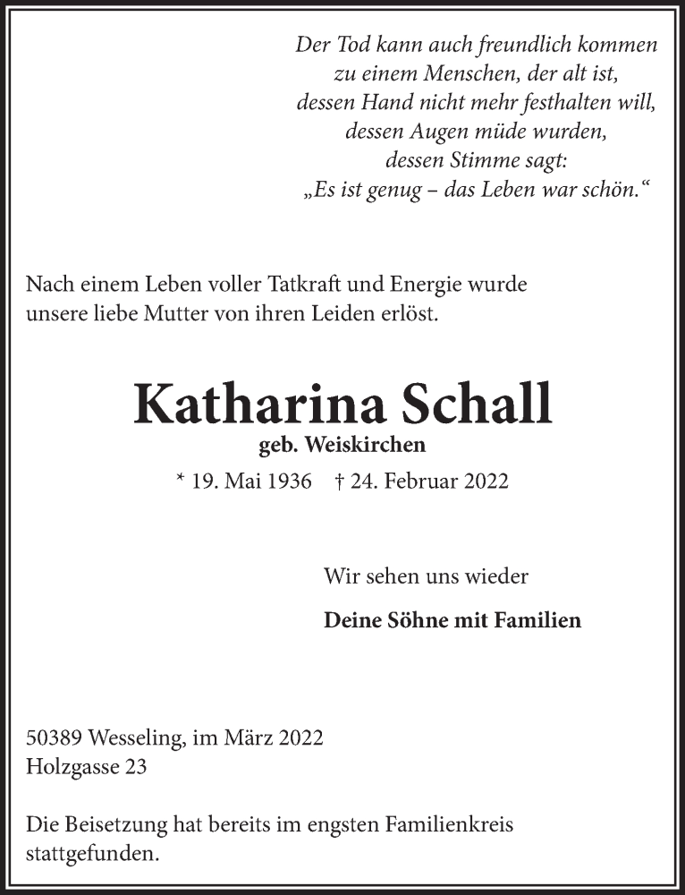  Traueranzeige für Katharina Schall vom 08.04.2022 aus  Schlossbote/Werbekurier 