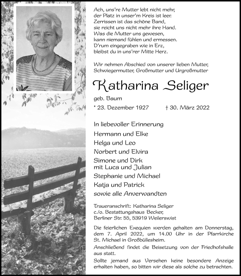  Traueranzeige für Katharina Seliger vom 02.04.2022 aus  Blickpunkt Euskirchen 