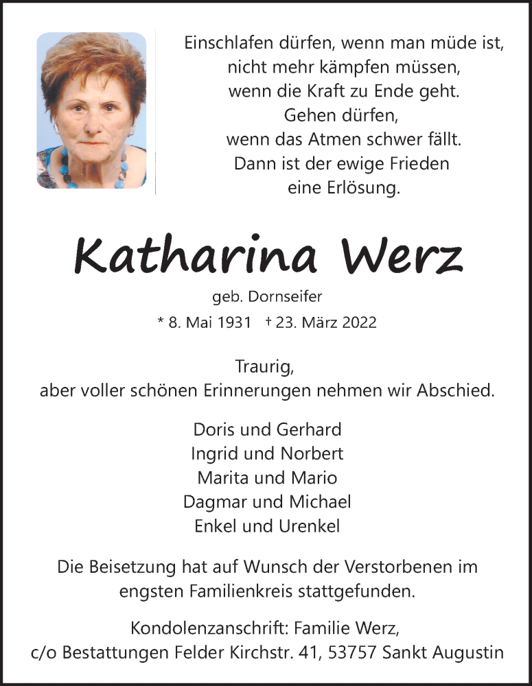  Traueranzeige für Katharina Werz vom 09.04.2022 aus Kölner Stadt-Anzeiger / Kölnische Rundschau / Express