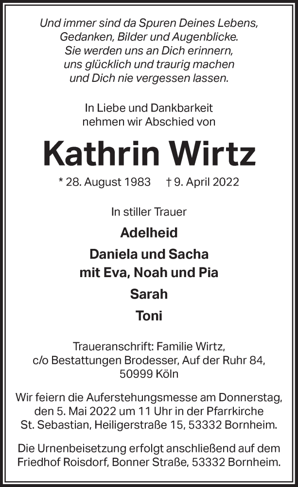  Traueranzeige für Kathrin Wirtz vom 29.04.2022 aus  Schaufenster/Blickpunkt 