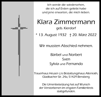Anzeige von Klara Zimmermann von Kölner Stadt-Anzeiger / Kölnische Rundschau / Express