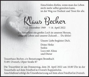 Anzeige von Klaus Becher von  Bergisches Handelsblatt 