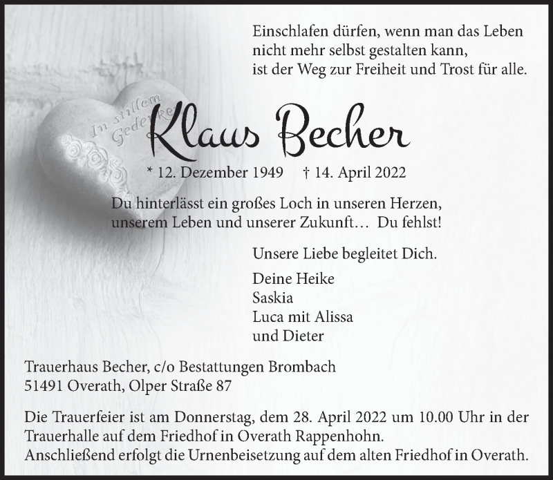  Traueranzeige für Klaus Becher vom 22.04.2022 aus  Bergisches Handelsblatt 