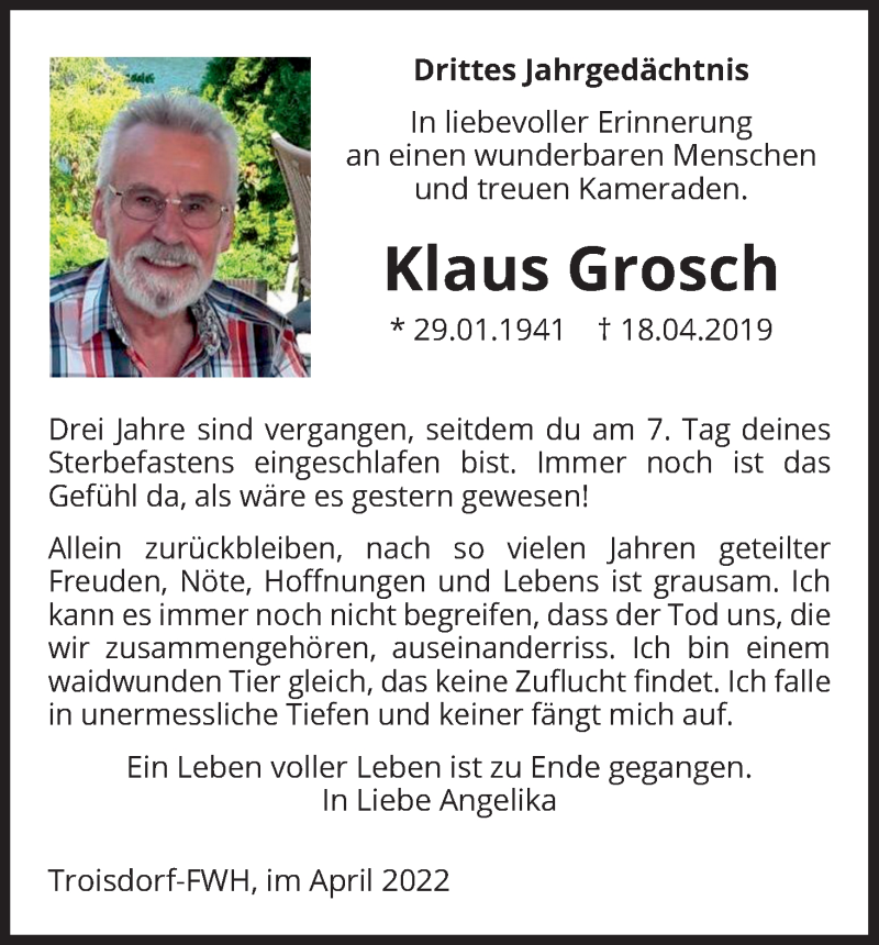  Traueranzeige für Klaus Grosch vom 16.04.2022 aus Kölner Stadt-Anzeiger / Kölnische Rundschau / Express