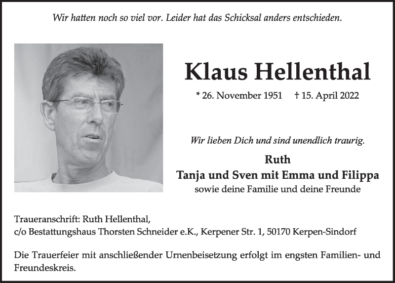  Traueranzeige für Klaus Hellenthal vom 29.04.2022 aus  Werbepost 