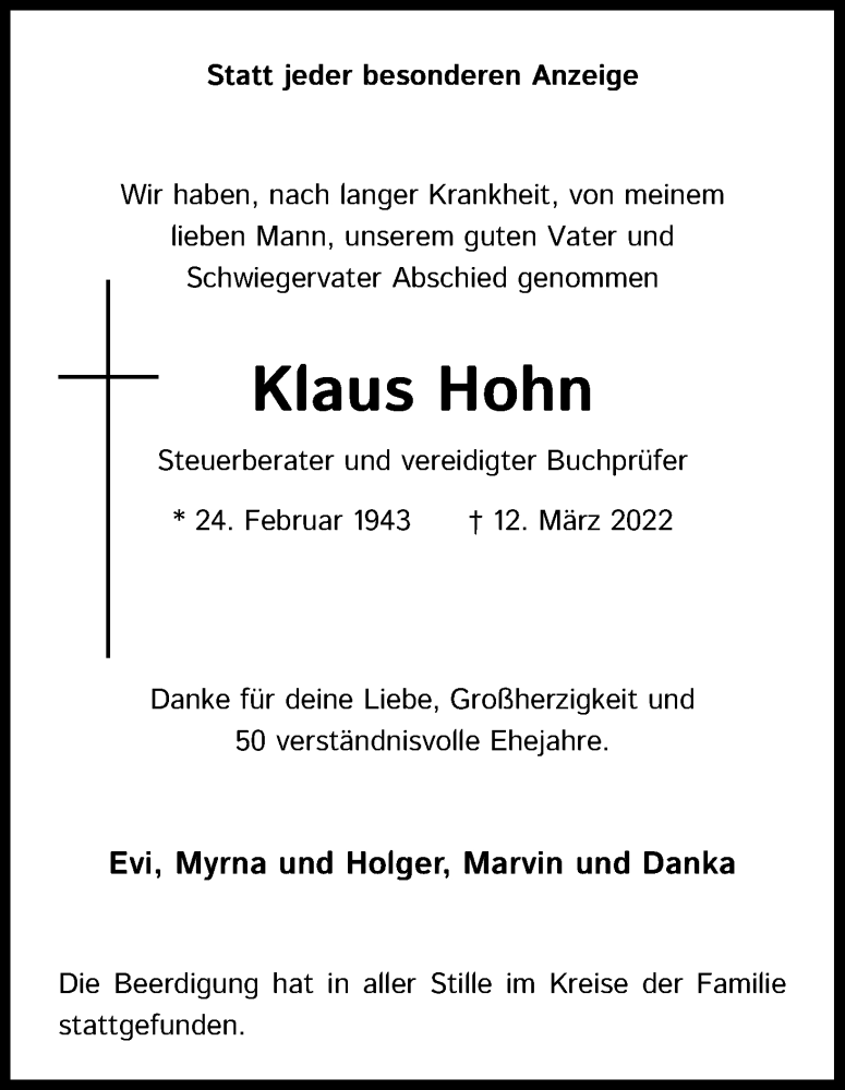  Traueranzeige für Klaus Hohn vom 09.04.2022 aus Kölner Stadt-Anzeiger / Kölnische Rundschau / Express