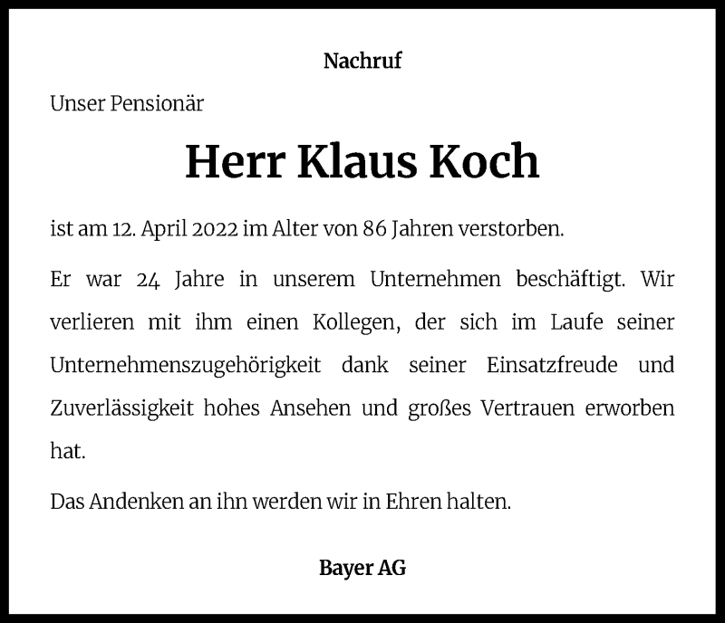  Traueranzeige für Klaus Koch vom 23.04.2022 aus Kölner Stadt-Anzeiger / Kölnische Rundschau / Express
