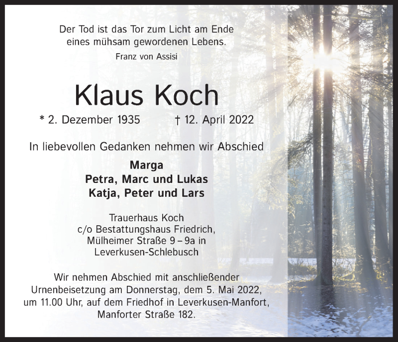  Traueranzeige für Klaus Koch vom 23.04.2022 aus Kölner Stadt-Anzeiger / Kölnische Rundschau / Express