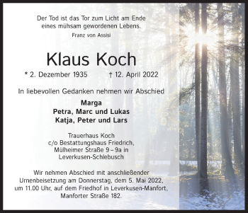Anzeige von Klaus Koch von Kölner Stadt-Anzeiger / Kölnische Rundschau / Express