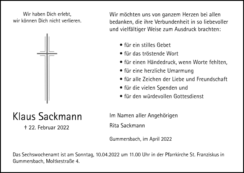 Traueranzeige für Klaus Sackmann vom 02.04.2022 aus Kölner Stadt-Anzeiger / Kölnische Rundschau / Express