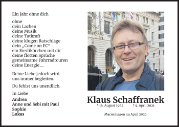 Anzeige von Klaus Schaffranek von Kölner Stadt-Anzeiger / Kölnische Rundschau / Express
