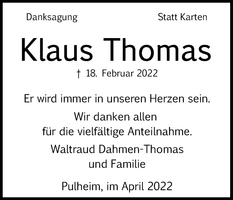  Traueranzeige für Klaus Thomas vom 02.04.2022 aus Kölner Stadt-Anzeiger / Kölnische Rundschau / Express
