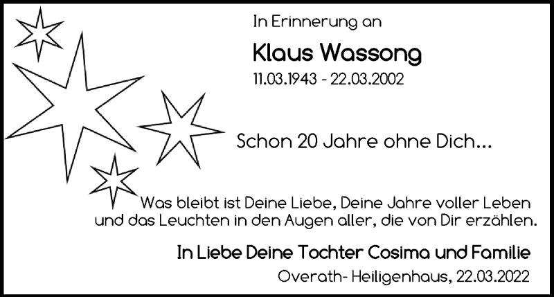  Traueranzeige für Klaus Wassong vom 02.04.2022 aus Kölner Stadt-Anzeiger / Kölnische Rundschau / Express