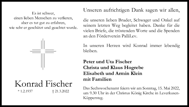  Traueranzeige für Konrad Fischer vom 30.04.2022 aus Kölner Stadt-Anzeiger / Kölnische Rundschau / Express