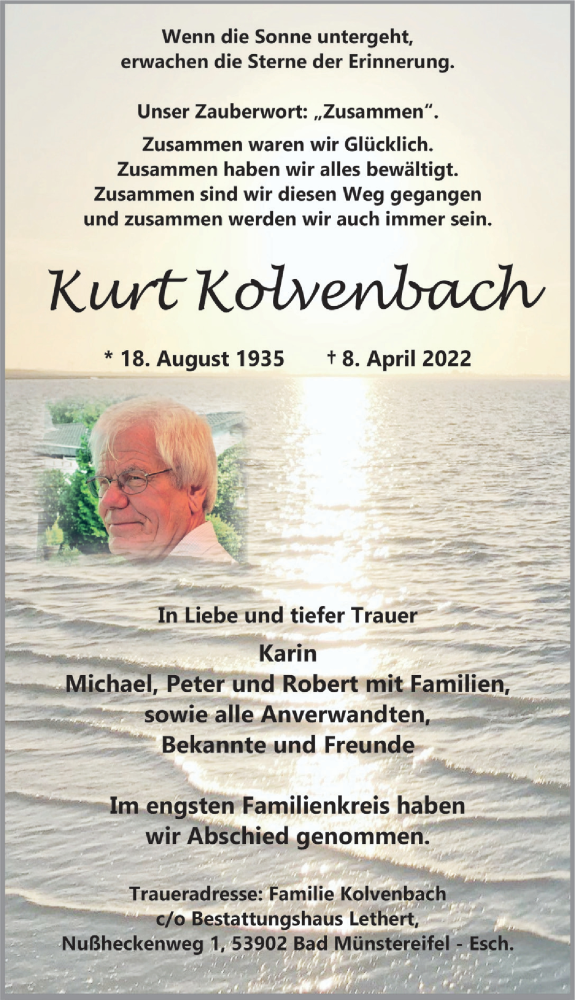  Traueranzeige für Kurt Kolvenbach vom 30.04.2022 aus  Blickpunkt Euskirchen 