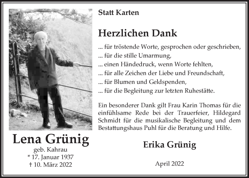  Traueranzeige für Lena Grünig vom 29.04.2022 aus  Lokalanzeiger 