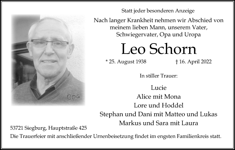  Traueranzeige für Leo Schorn vom 23.04.2022 aus Kölner Stadt-Anzeiger / Kölnische Rundschau / Express