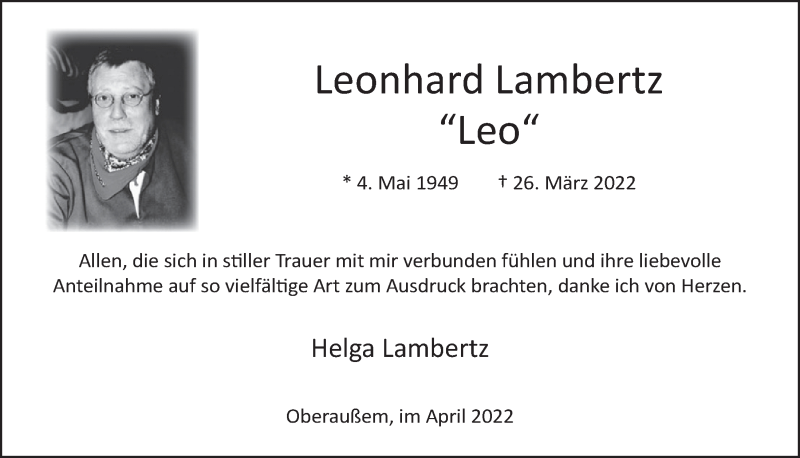  Traueranzeige für Leonhard Lambertz vom 29.04.2022 aus  Werbepost 