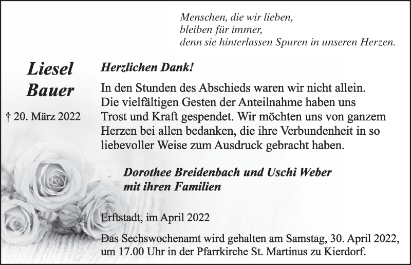  Traueranzeige für Liesel Bauer vom 22.04.2022 aus  Werbepost 