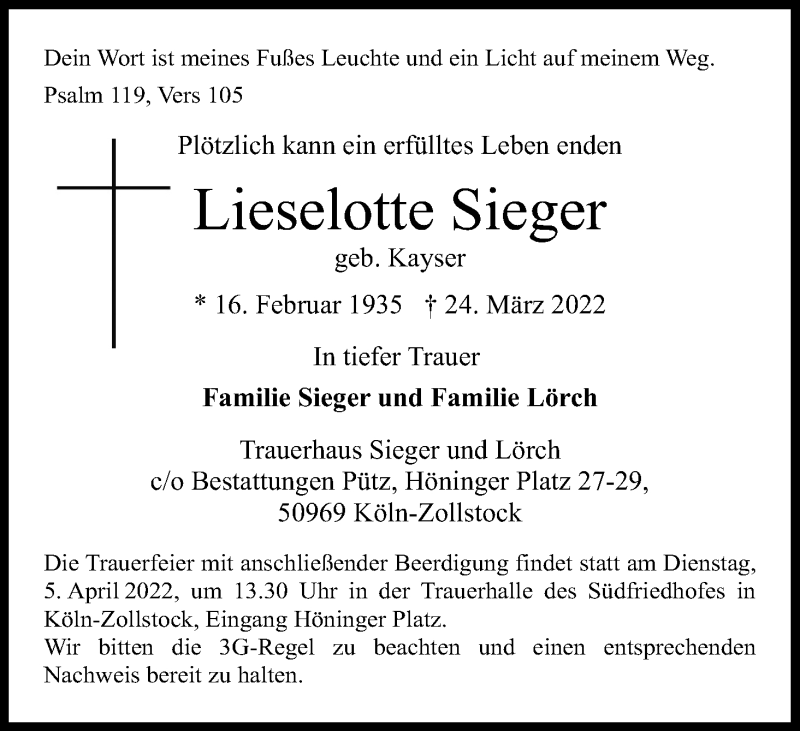  Traueranzeige für Lieselotte Sieger vom 02.04.2022 aus Kölner Stadt-Anzeiger / Kölnische Rundschau / Express