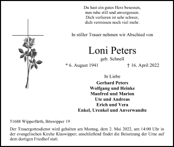 Anzeige von Loni Peters von Kölner Stadt-Anzeiger / Kölnische Rundschau / Express