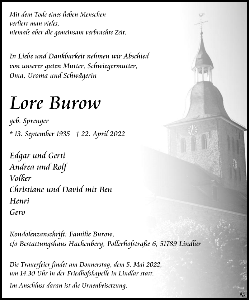  Traueranzeige für Lore Burow vom 30.04.2022 aus Kölner Stadt-Anzeiger / Kölnische Rundschau / Express