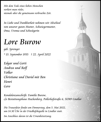 Anzeige von Lore Burow von Kölner Stadt-Anzeiger / Kölnische Rundschau / Express