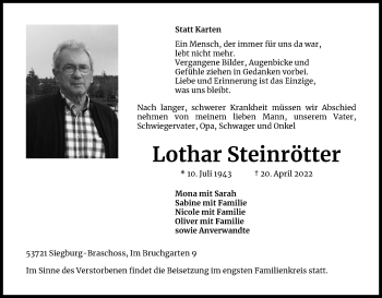 Anzeige von Lothar Steinrötter von Kölner Stadt-Anzeiger / Kölnische Rundschau / Express