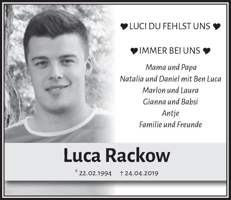  Traueranzeige für Luca Rackow vom 22.04.2022 aus  Anzeigen Echo 