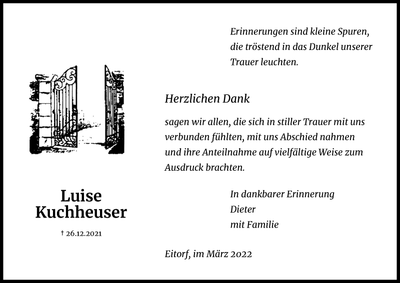  Traueranzeige für Luise Kuchheuser vom 02.04.2022 aus Kölner Stadt-Anzeiger / Kölnische Rundschau / Express