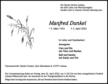 Anzeige von Manfred Dunkel von Kölner Stadt-Anzeiger / Kölnische Rundschau / Express