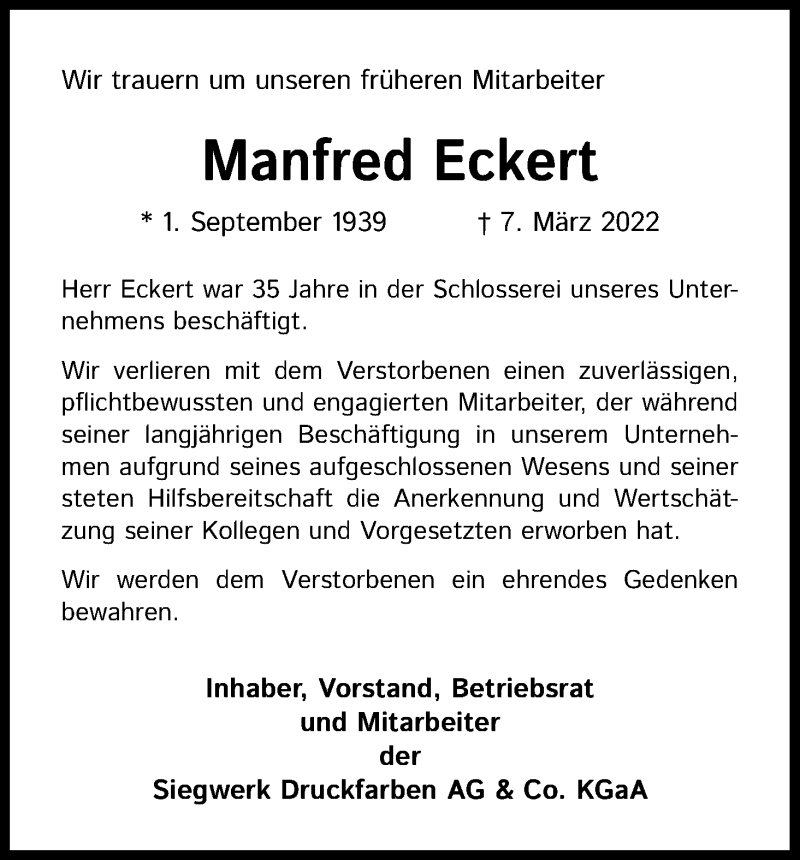  Traueranzeige für Manfred Eckert vom 20.04.2022 aus Kölner Stadt-Anzeiger / Kölnische Rundschau / Express