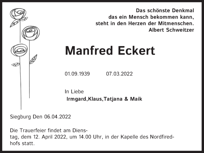  Traueranzeige für Manfred Eckert vom 09.04.2022 aus Kölner Stadt-Anzeiger / Kölnische Rundschau / Express