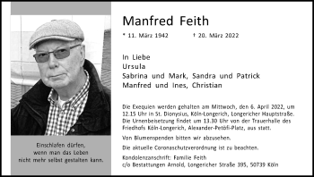 Anzeige von Manfred Feith von Kölner Stadt-Anzeiger / Kölnische Rundschau / Express