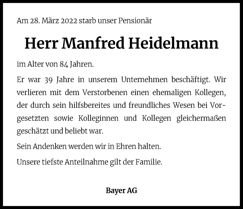  Traueranzeige für Manfred Heidelmann vom 08.04.2022 aus Kölner Stadt-Anzeiger / Kölnische Rundschau / Express