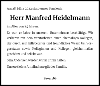 Anzeige von Manfred Heidelmann von Kölner Stadt-Anzeiger / Kölnische Rundschau / Express