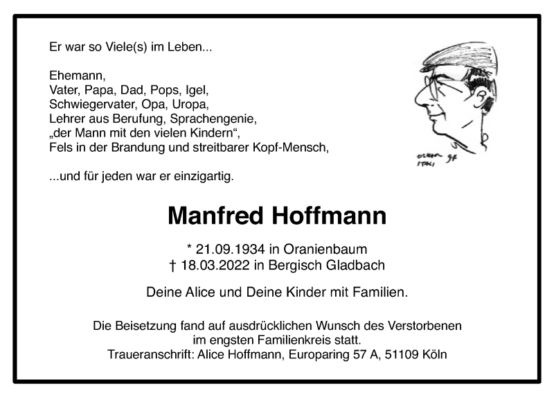  Traueranzeige für Manfred Hoffmann vom 16.04.2022 aus Kölner Stadt-Anzeiger / Kölnische Rundschau / Express